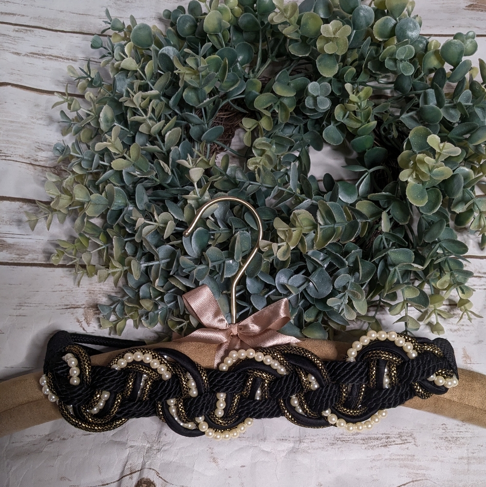 Vintage Twisted Beaded Pearl W/ Gold & Black Rope Belt